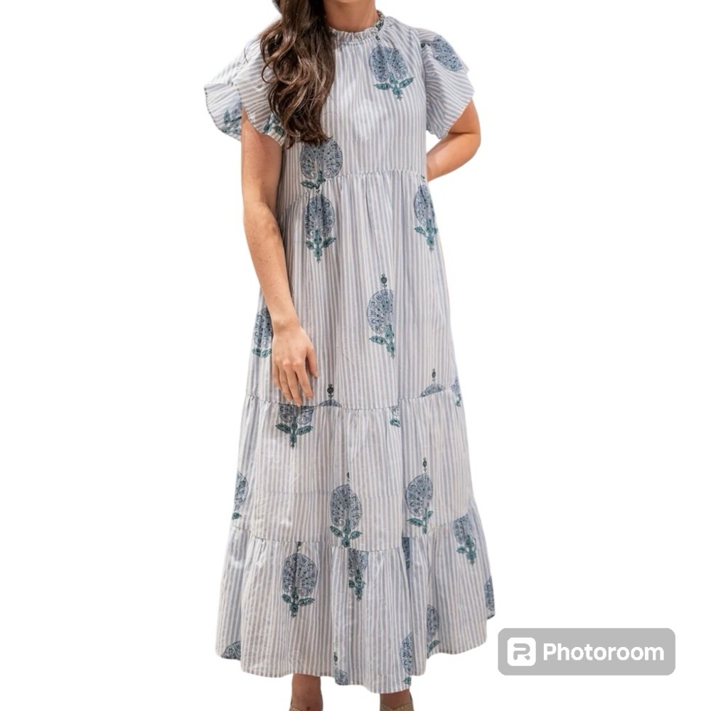 Liza Byrd Ruffled Tiered Long Maxi Dress Blue Block Print Floral Small